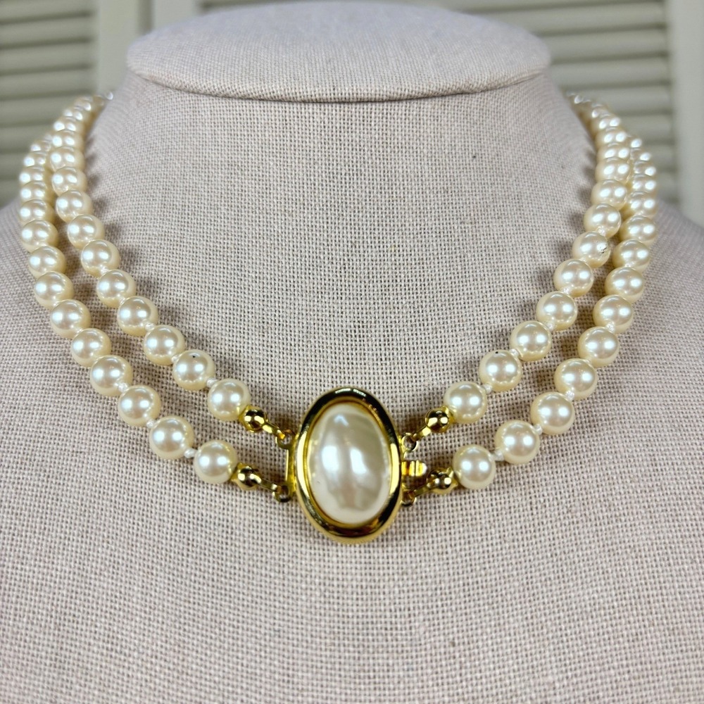 Estate Gold Faux Pearl Double Strand Victorian Choker 1980s Necklace Blind Clasp